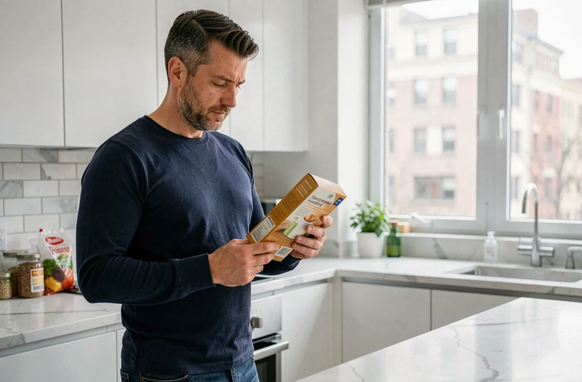 Homme évaluant un produit ménager dans sa cuisine dans le cadre d'un test consommateur via une plateforme comme Aviquali en 2026
