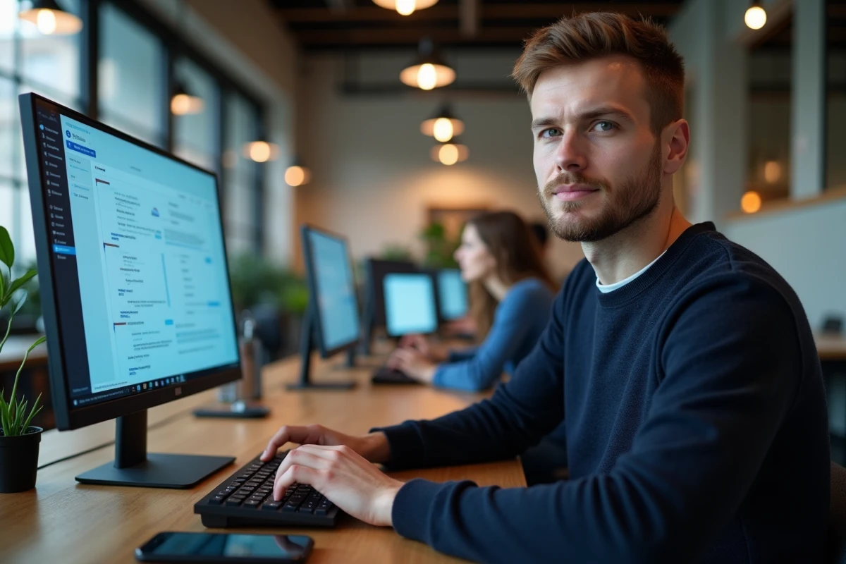 Jeune homme freelance travaillant dans un espace de coworking moderne devant un écran d'ordinateur affichant un tableau de bord de projet
