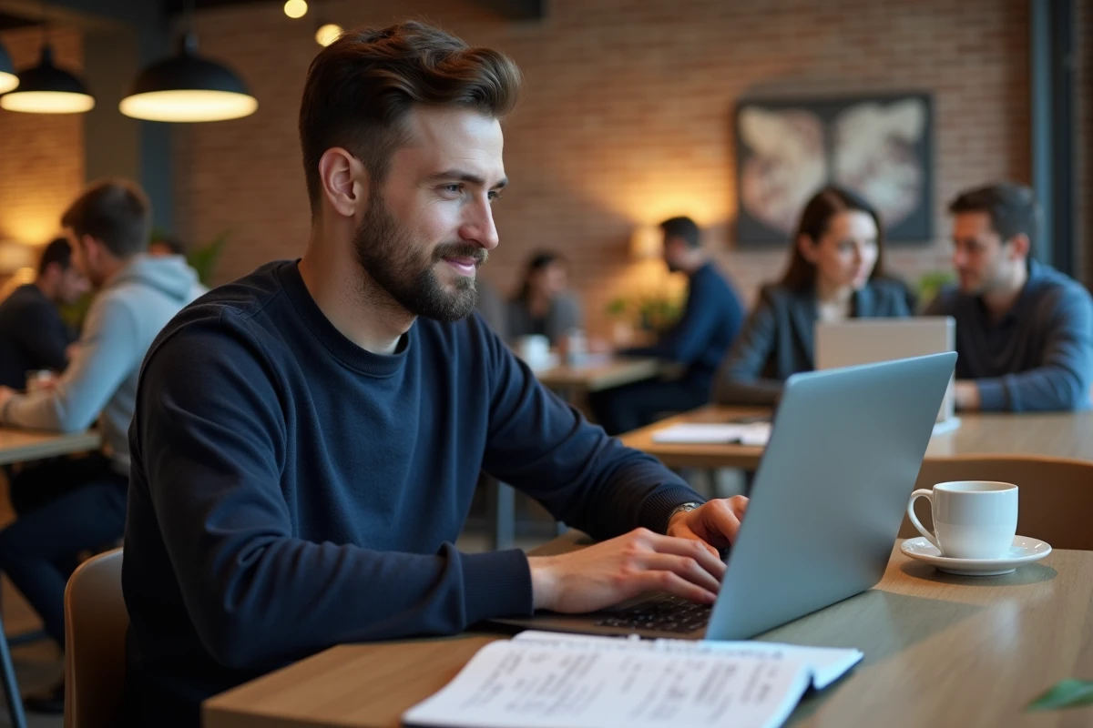 Jeune homme freelance travaillant sur son ordinateur portable dans un espace de coworking avec un carnet de notes ouvert sur ses objectifs professionnels