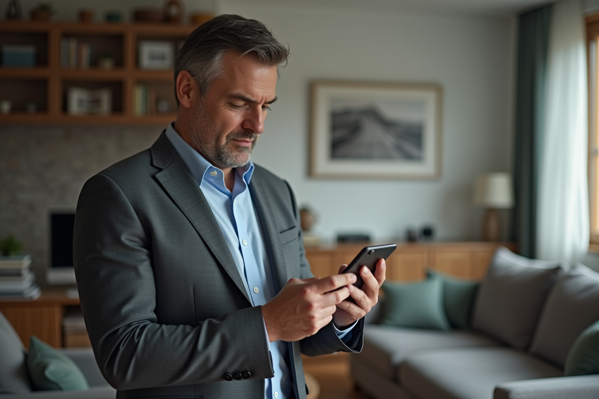 Homme d age moyen lisant un email sur son smartphone