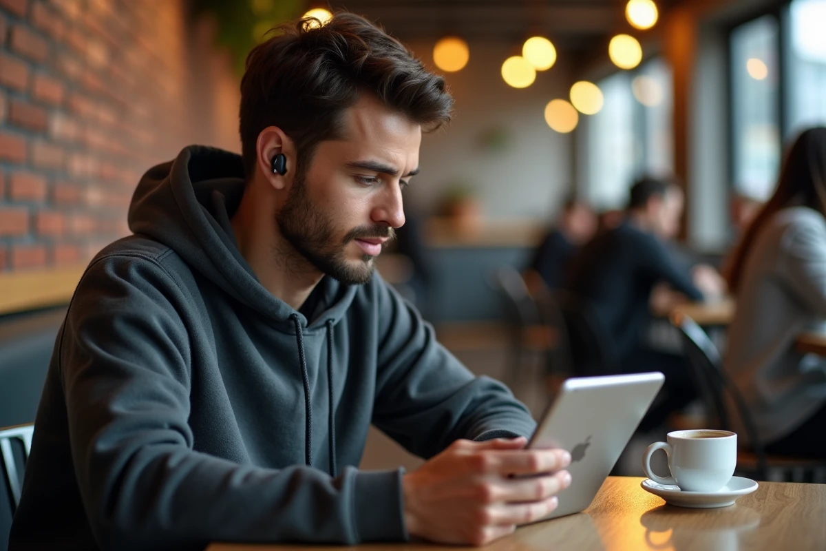 Jeune homme utilisant smartphone et tablette pour réaliser des microtâches sur une plateforme en ligne dans un café