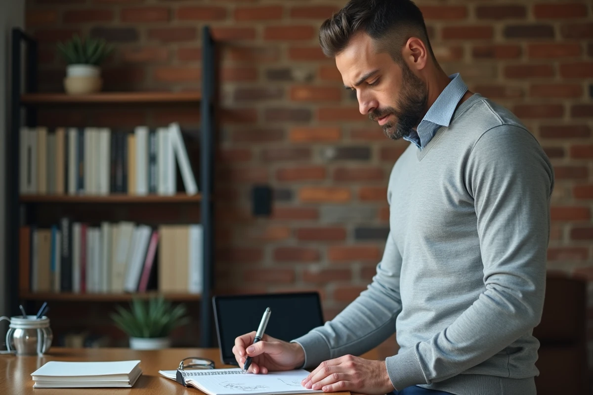 Homme concentré prenant des notes dans un bureau minimaliste à domicile, représentant l'éthique du travail et les citations professionnelles pour LinkedIn