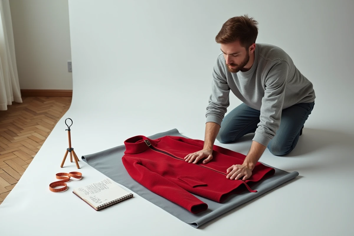 Homme photographiant un manteau en laine pour une annonce de revente sur une plateforme comme Vinted