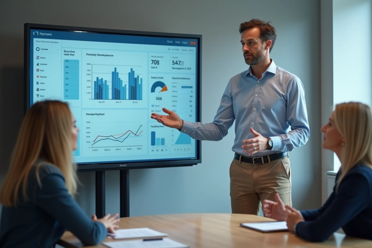 Homme expliquant des données devant un écran digital