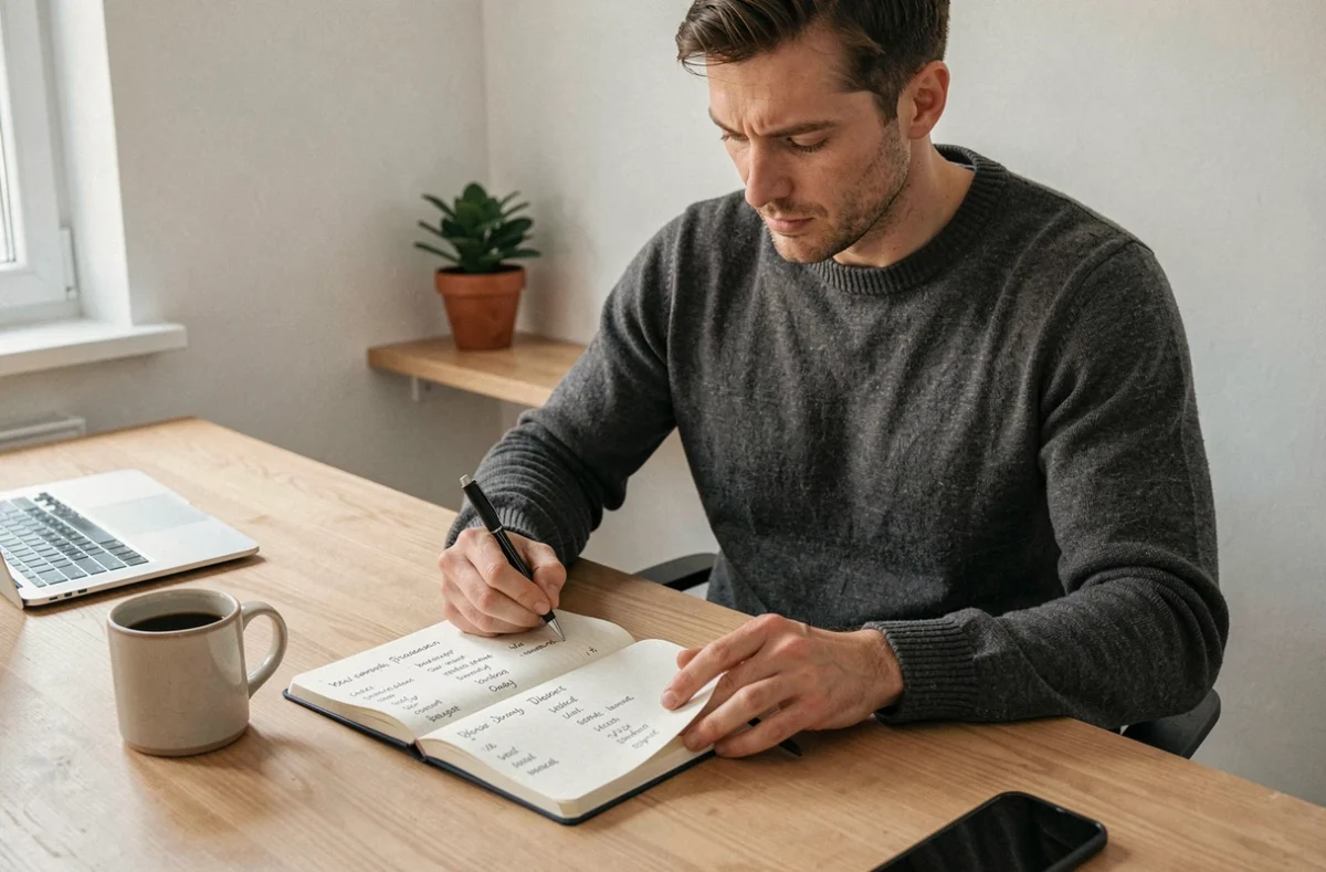 Homme en réflexion stratégique sur sa marque personnelle avec un carnet structuré dans un bureau minimaliste à domicile