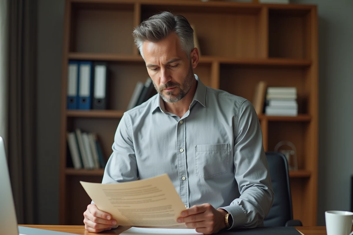 Homme en bureau privé relisant attentivement sa lettre de démission avant de la remettre à son employeur