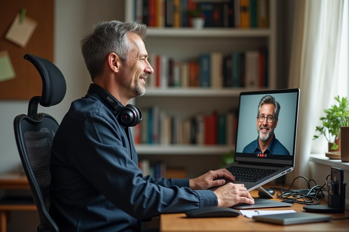 Homme en réunion vidéo en télétravail avec casque antibruit, hub USB-C et chaise ergonomique dans un bureau à domicile aménagé