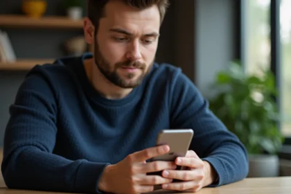 Homme utilisant son smartphone Android pour accéder à son compte Advango via une application mobile