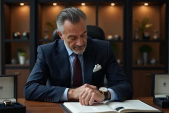 Homme en costume navy regardant une montre classique