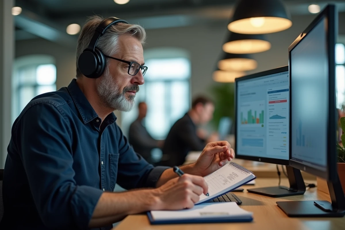 Homme en télétravail avec casque anti-bruit dans un espace de coworking, technique de concentration