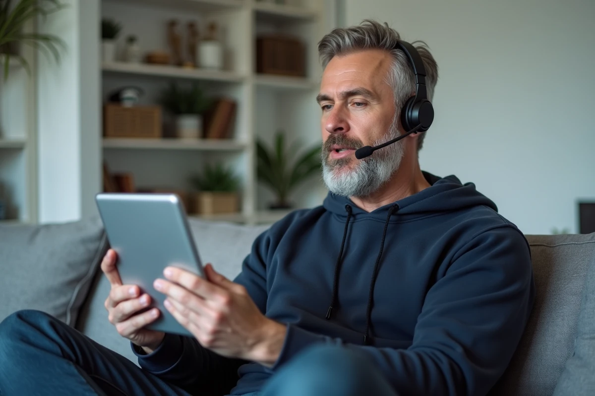 Homme en télétravail avec casque micro et tablette dans son salon moderne
