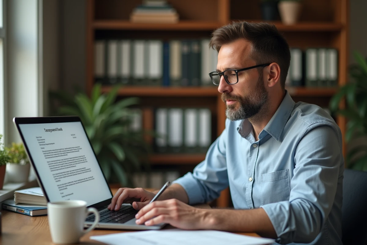 Homme travaillant sur un modèle de courrier de congé trimestriel depuis son bureau à domicile