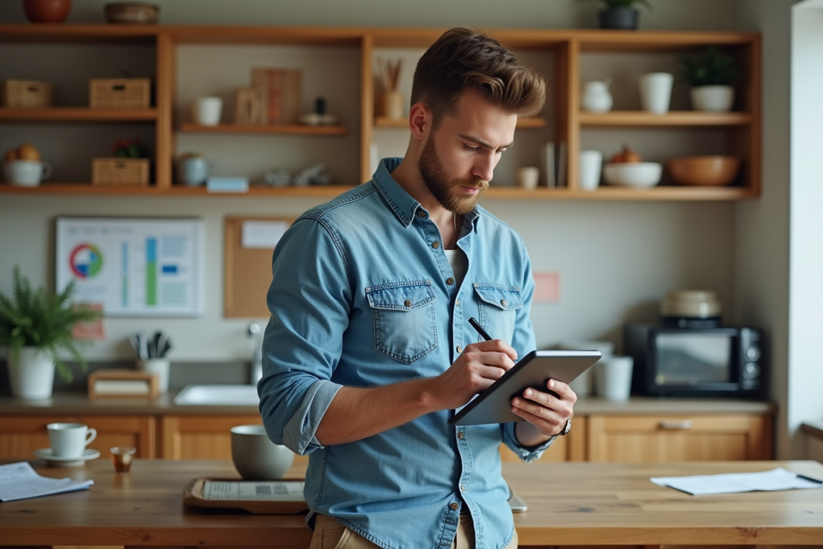 Jeune homme écrivant sur un carnet dans un espace de travail lumineux