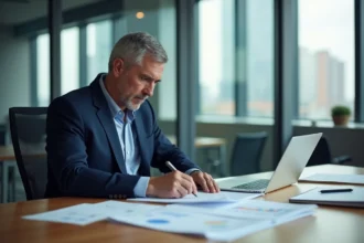 Ingénieur d'âge moyen travaillant sur des plans techniques dans un bureau moderne