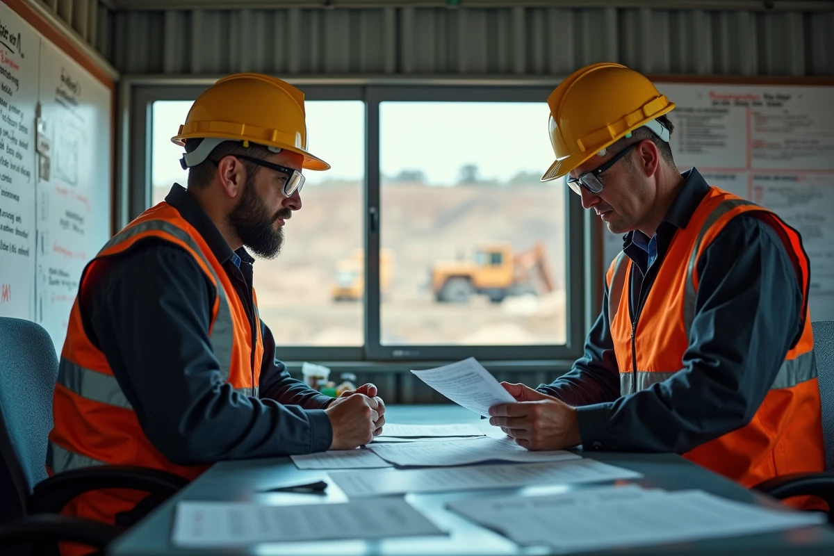 Deux ingénieurs miniers examinant des documents de sécurité dans un bureau de chantier en Australie
