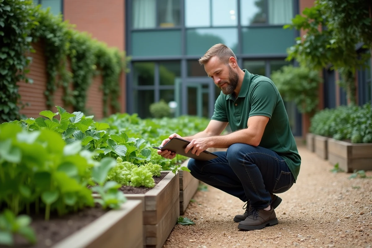 Homme d'affaires inspectant un jardin urbain d'entreprise dans le cadre d'une initiative RSE environnementale