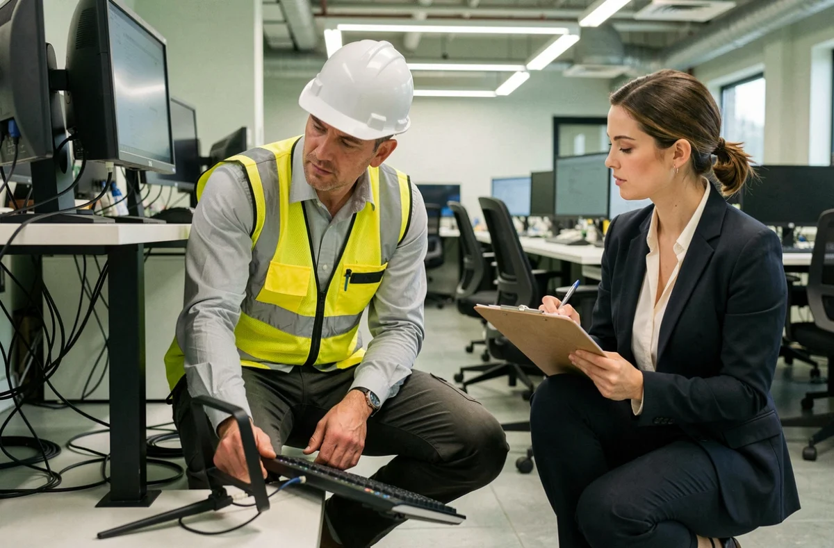 Inspection ergonomique d'un poste de travail par un responsable sécurité dans un bureau d'entreprise technologique