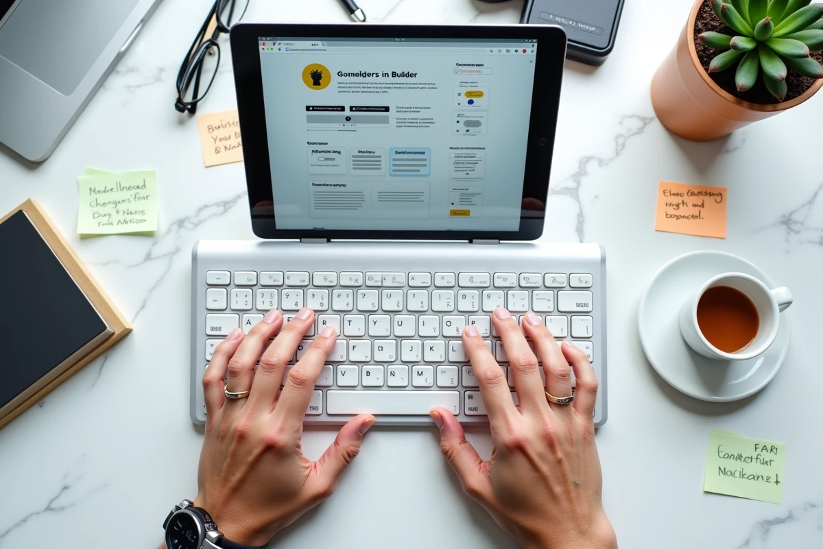 Mains sur un clavier avec une interface systeme.io affichant les étapes d'un tunnel de vente automatisé
