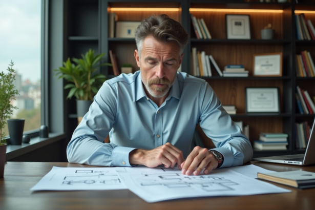 Inventeur homme en bureau moderne avec plans techniques