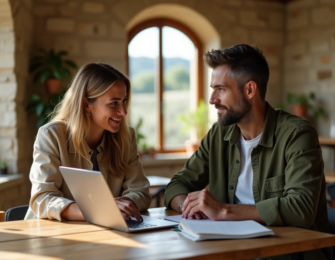 Équipe de l'agence web isoluce en Provence collaborant sur un prototype de site dans un bureau aux murs en pierre