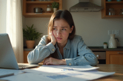 Jeune adulte inquiet avec documents financiers et ordinateur