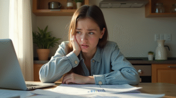 Jeune adulte inquiet avec documents financiers et ordinateur