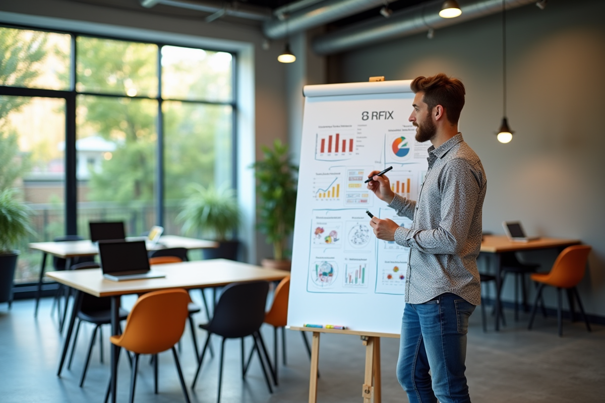 Jeune analyste marketing dessinant des calculs sur un tableau blanc