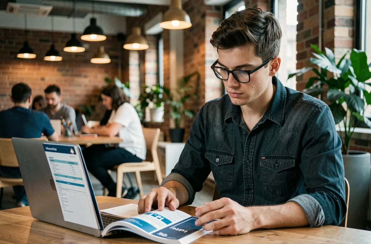 Jeune entrepreneur étudiant le guide de l'INPI pour PME dans un espace de coworking