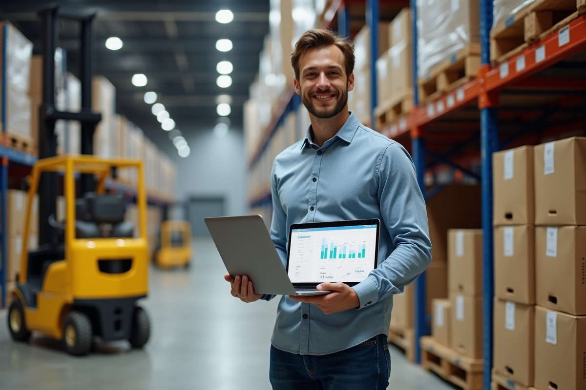 Jeune entrepreneur dans un entrepôt avec produits et ordinateur