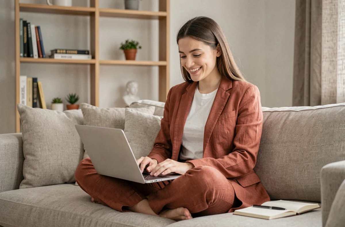 Jeune entrepreneuse travaillant depuis chez elle sur son activité professionnelle avec un ordinateur portable