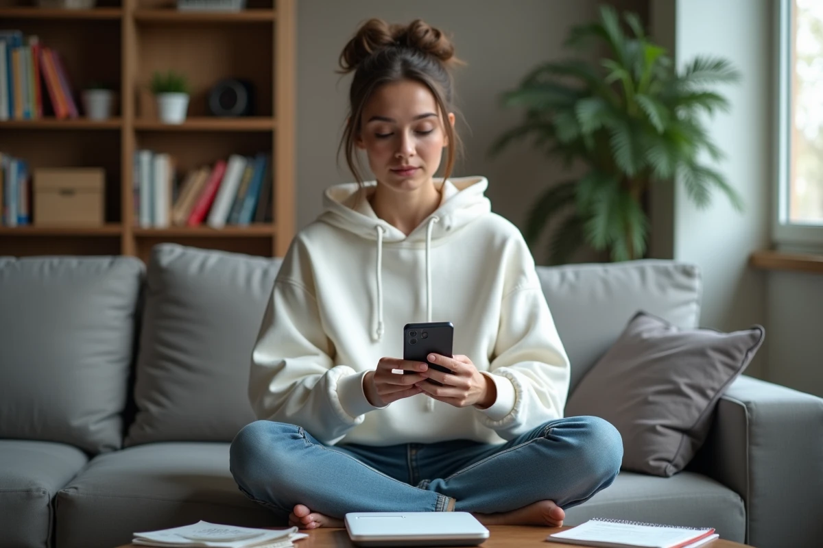 Jeune femme sur son canapé découvrant une arnaque d'offre d'emploi en saisie de données sur son téléphone