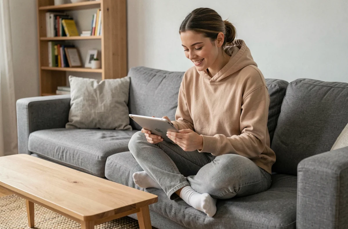 Jeune femme rédigeant un avis produit sur une tablette depuis son salon, illustrant l'inscription à une plateforme de test comme Aviquali