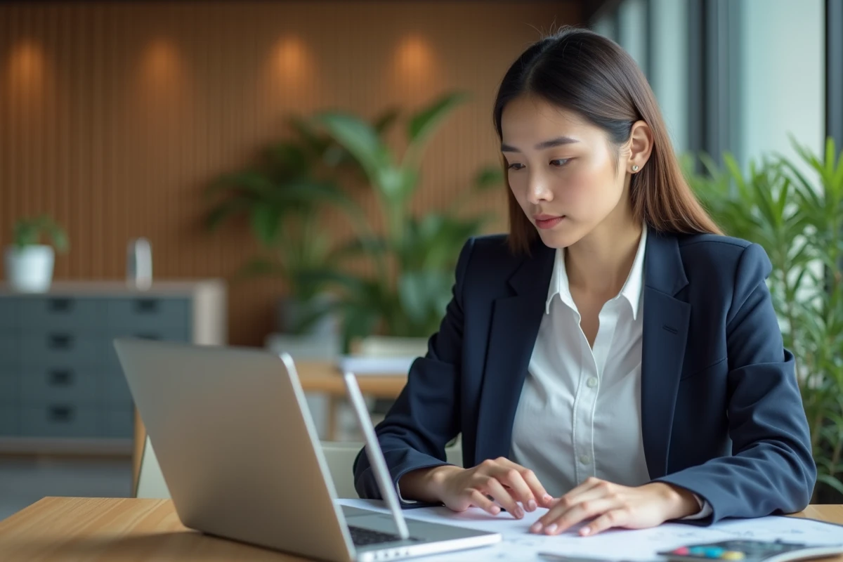 Jeune femme professionnelle concentrée sur son ordinateur dans un bureau moderne