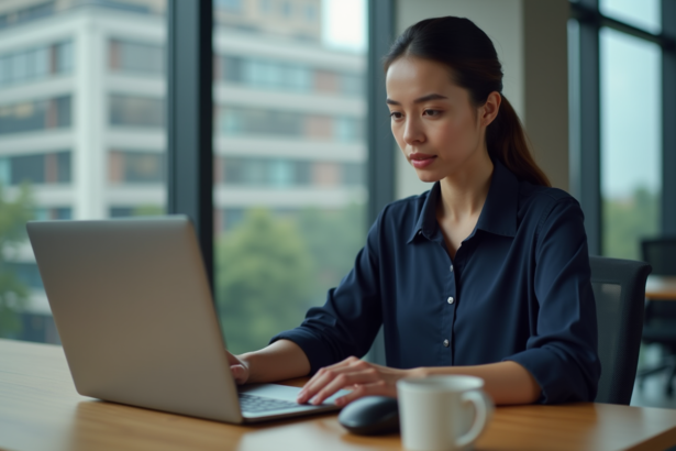 Jeune femme professionnelle au bureau regardant son ordinateur