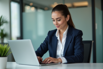 Femme professionnelle au bureau travaillant sur son ordinateur