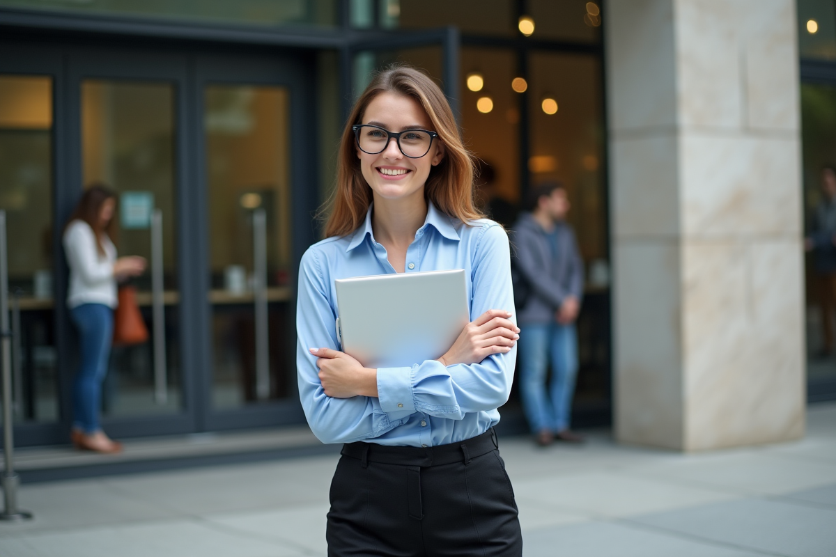 Jeune femme souriante dans un espace de coworking urbain