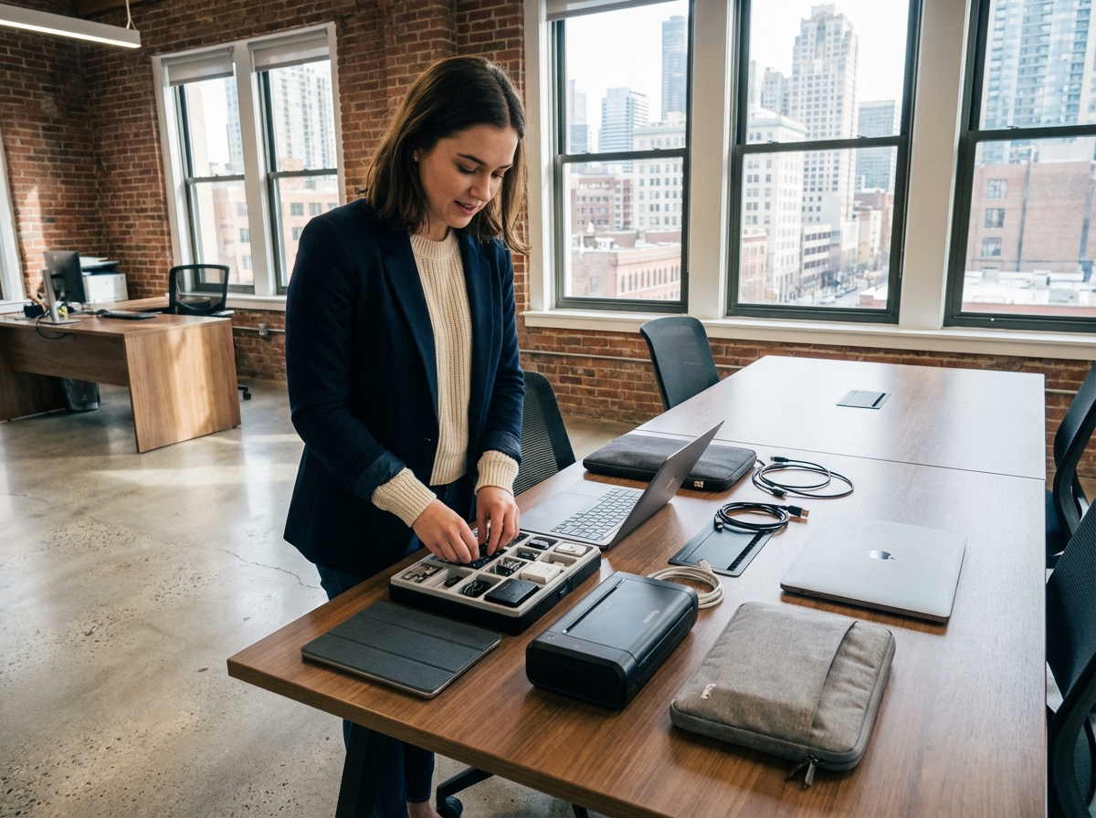 Jeune femme arrangeant du matériel dans un espace de coworking