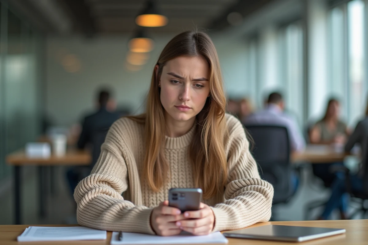 Jeune femme en coworking regardant son téléphone avec perplexité