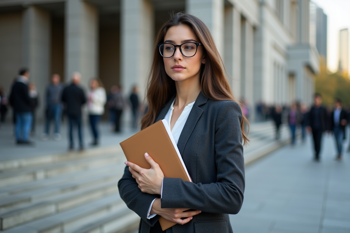 Jeune femme inventeur posant devant bâtiment moderne