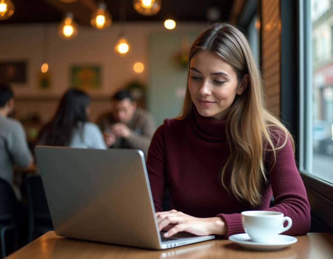 Jeune femme consultante recherchant les aides entrepreneur 2026 sur son ordinateur dans un café urbain