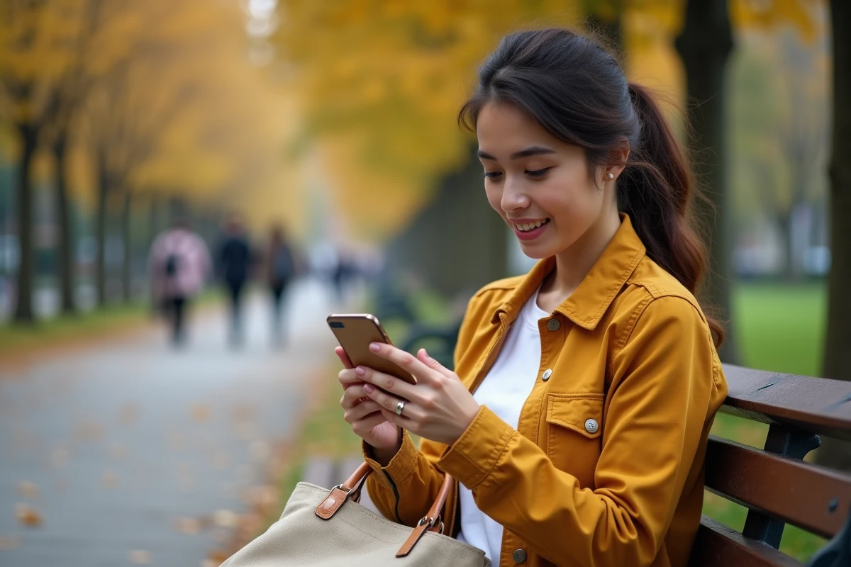 Jeune femme consultant une application de sondages rémunérés sur son smartphone dans un parc urbain en automne