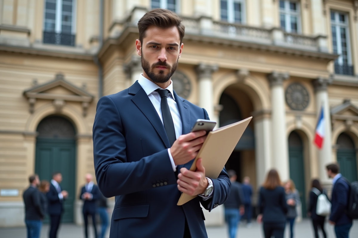 Jeune homme d affaires devant un bâtiment historique à Paris