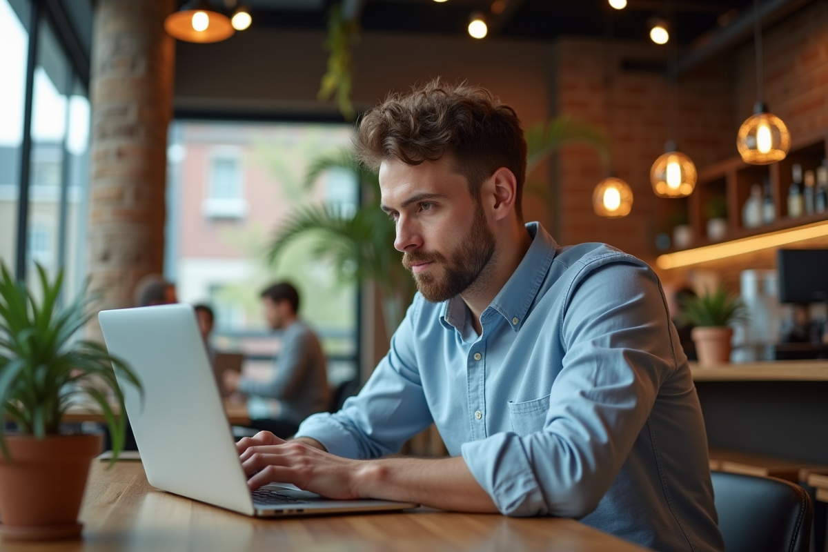 Jeune homme travaillant sur son ordinateur au café