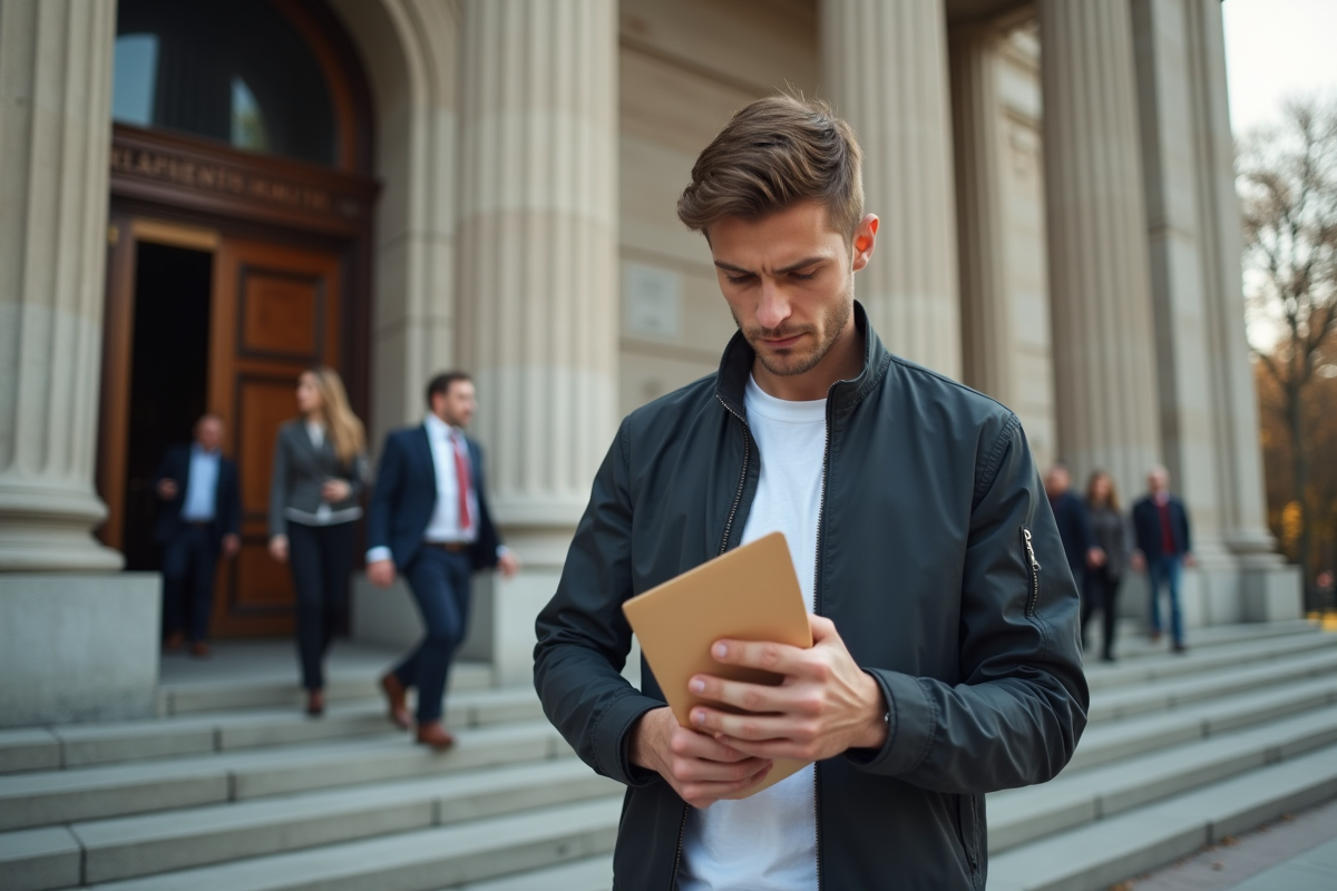 Jeune homme anxieux devant un tribunal en extérieur