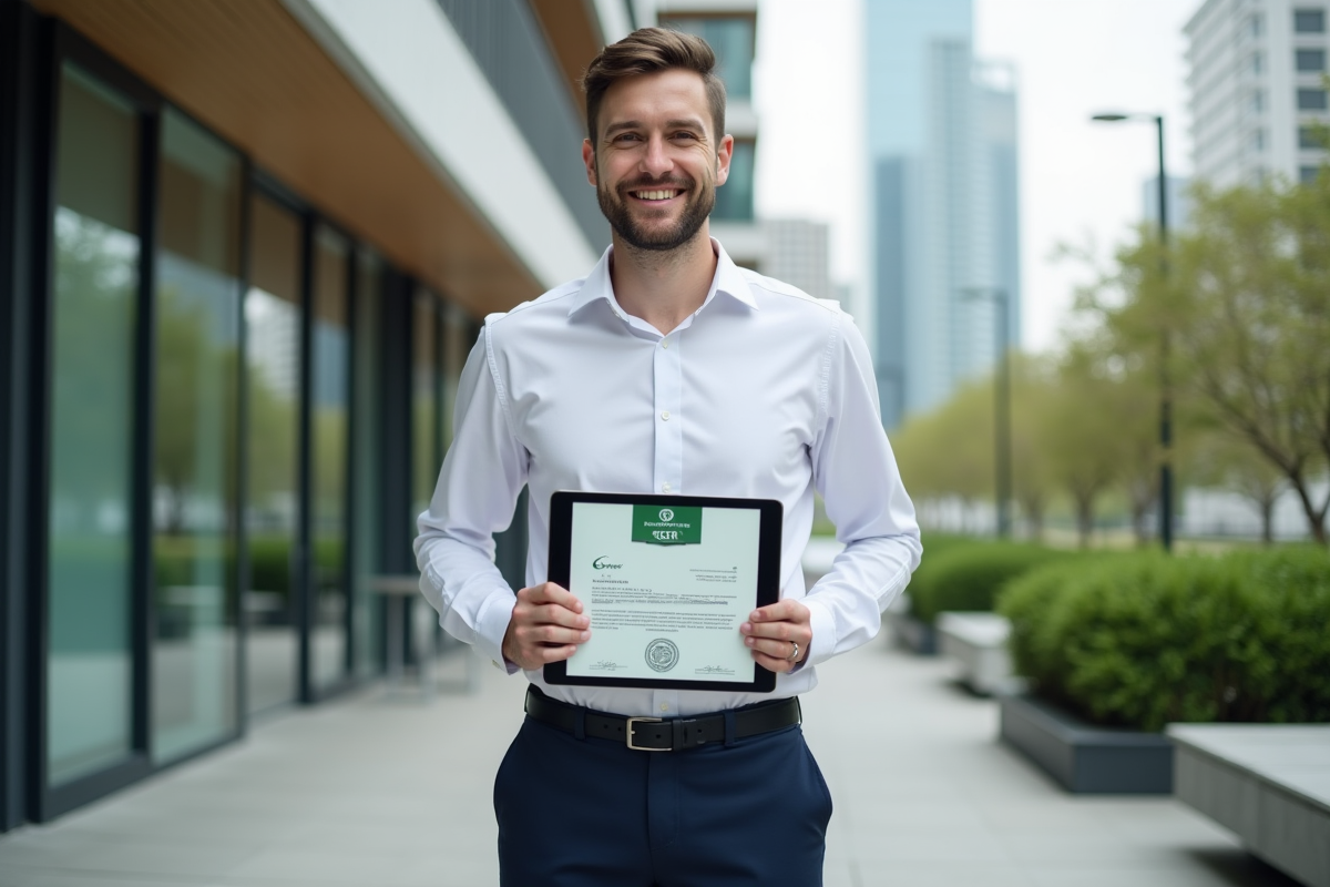 Jeune homme CSR souriant avec tablette affichant un certificat CSR