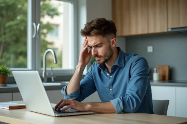 Jeune homme en cuisine regardant son ordinateur avec frustration