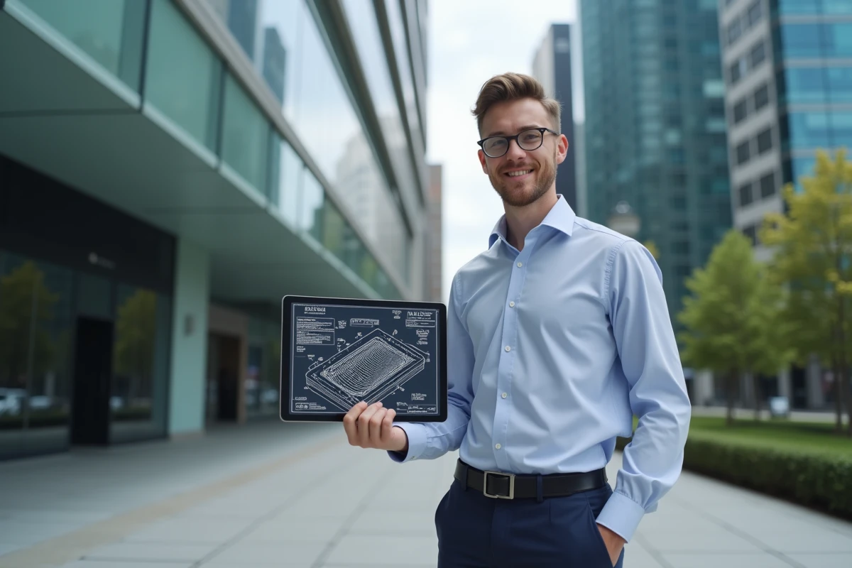 Jeune homme avec tablette affichant un diagramme de brevet