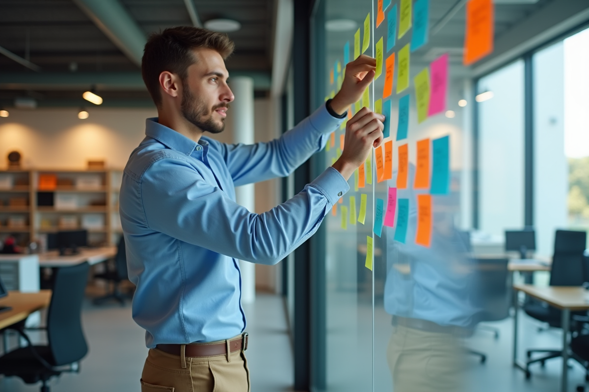 Jeune homme collant des notes colorées sur un planificateur