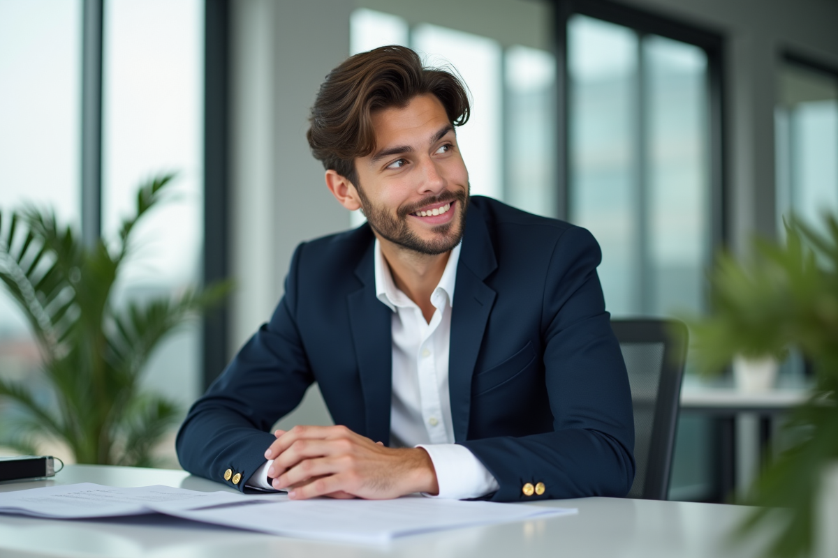 Jeune homme en blazer bleu lors d'une réunion de travail