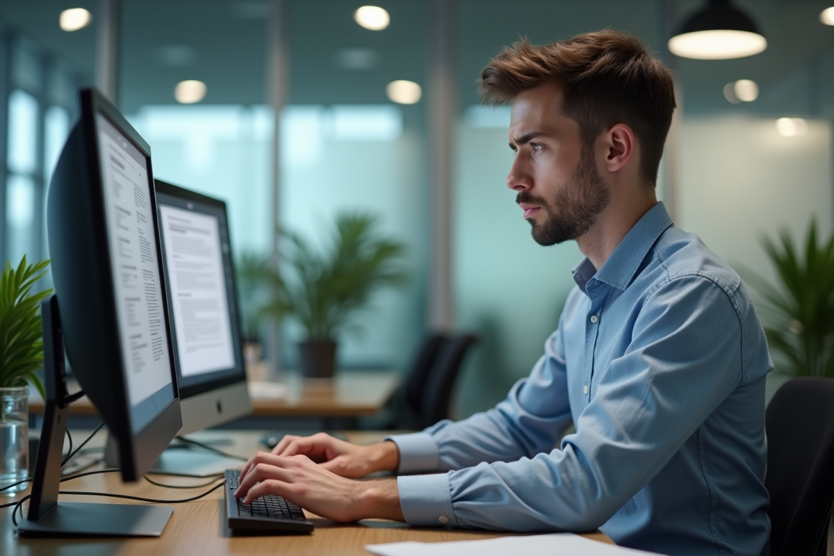 Jeune employe au bureau consulte un document